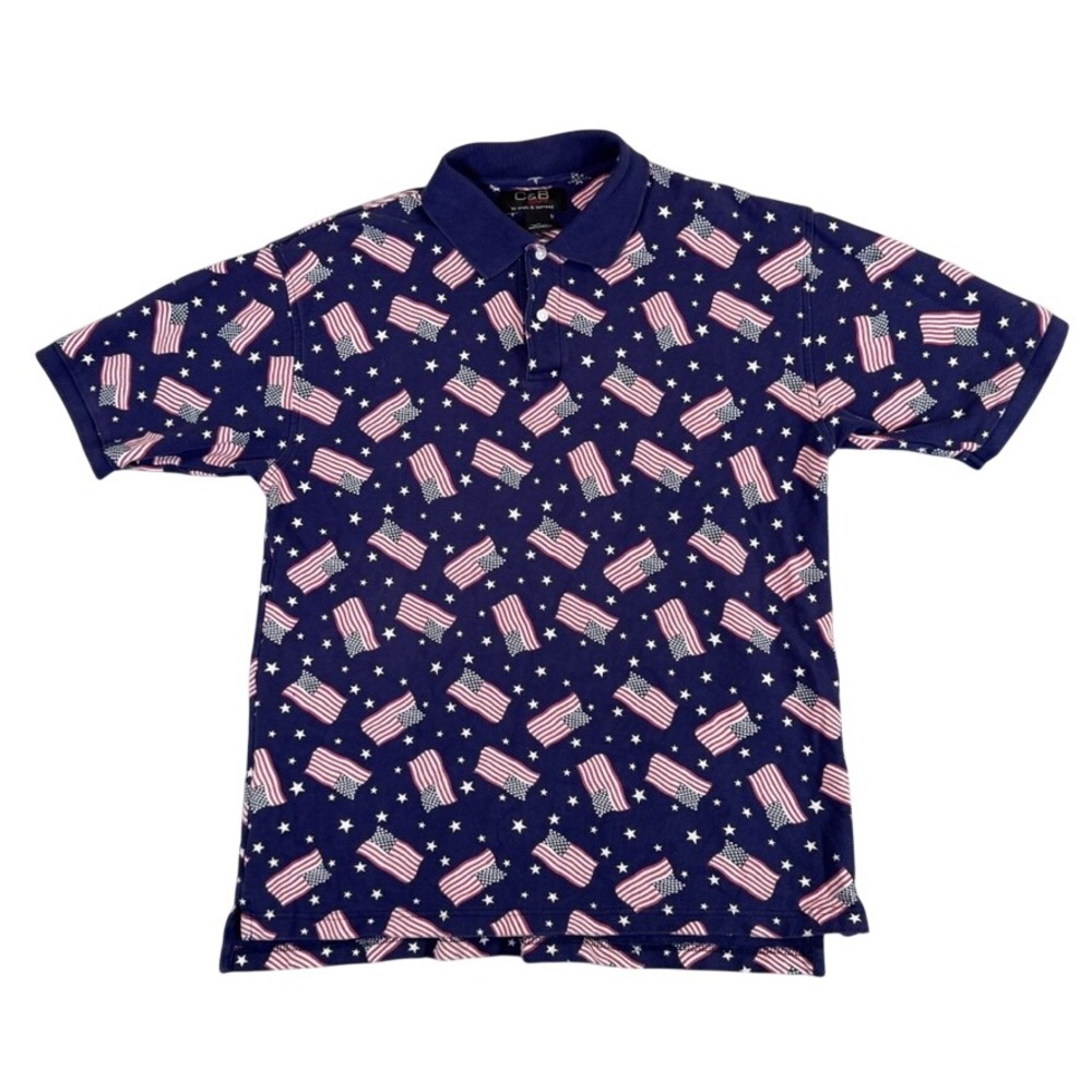 C&B Sport Croft & Barrow Mens Medium Blue American Flag Star Polo Shirt Cotton